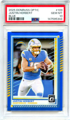 Justin Herbert 2025 Donruss Optic Blue Prizm SP 237/249 PSA 10-1