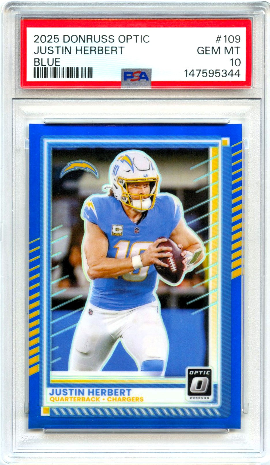 Justin Herbert 2025 Donruss Optic Blue Prizm SP 237/249 PSA 10