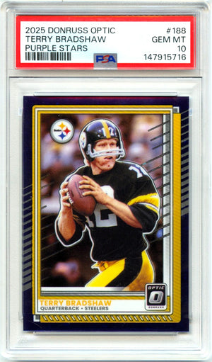 Terry Bradshaw 2025 Donruss Optic Purple Stars Prizm SP 2/15 PSA 10