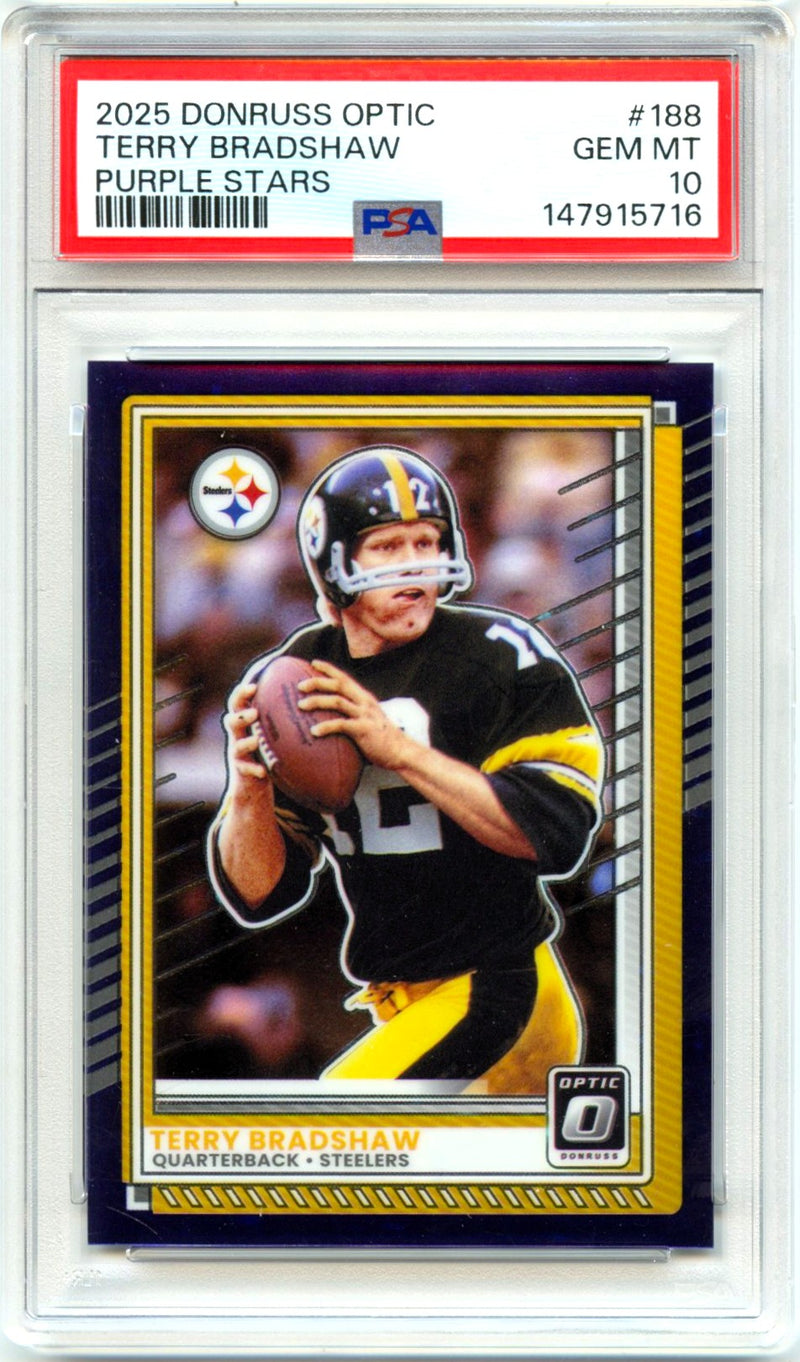 Terry Bradshaw 2025 Donruss Optic Purple Stars Prizm SP 2/15 PSA 10-1