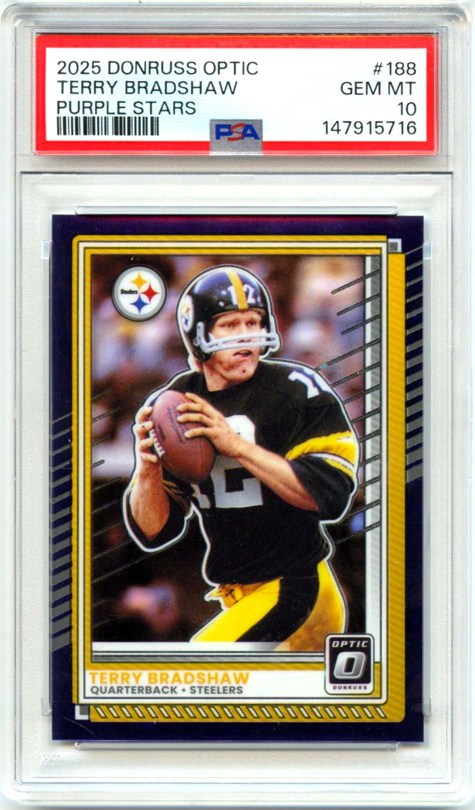 Terry Bradshaw 2025 Donruss Optic Purple Stars Prizm SP 2/15 PSA 10