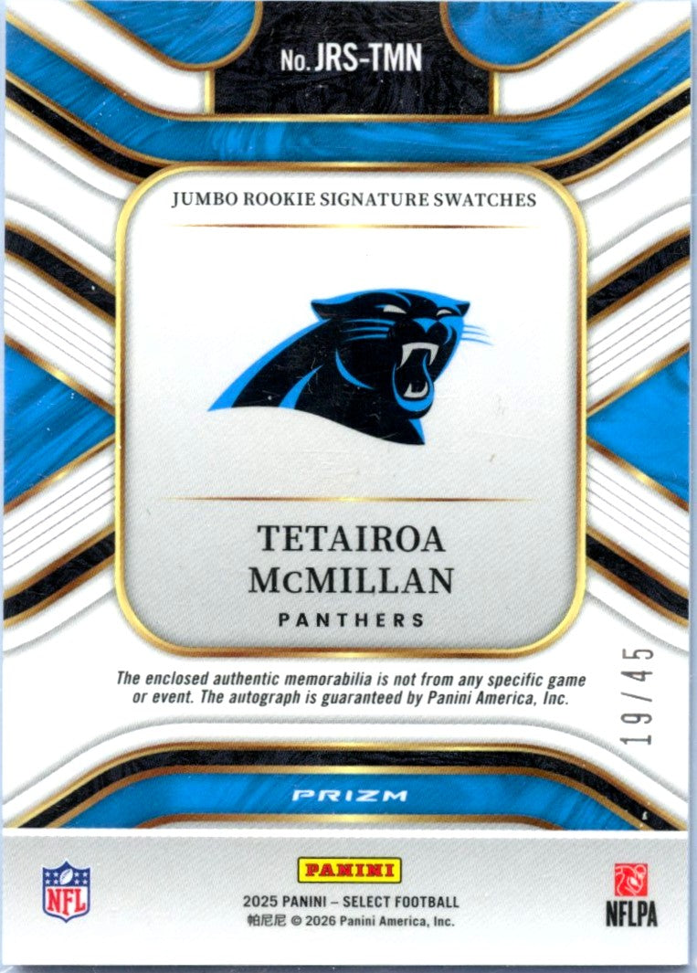 Tetairoa Mcmillan RC 2025 Panini Select Orange Pulsar Rookie Patch Auto SP 19/45-2