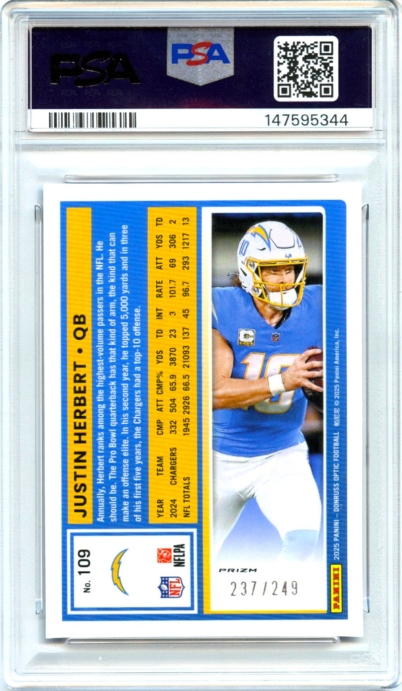 Justin Herbert 2025 Donruss Optic Blue Prizm SP 237/249 PSA 10-2