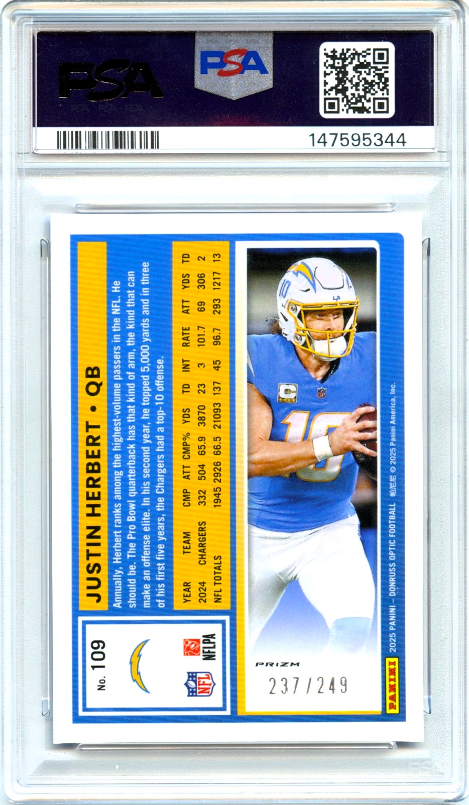 Justin Herbert 2025 Donruss Optic Blue Prizm SP 237/249 PSA 10