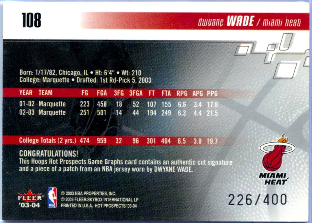 Dwyane Wade RC 2003-04 Fleer Game Graphs Rookie Patch Auto SP 226/400-2