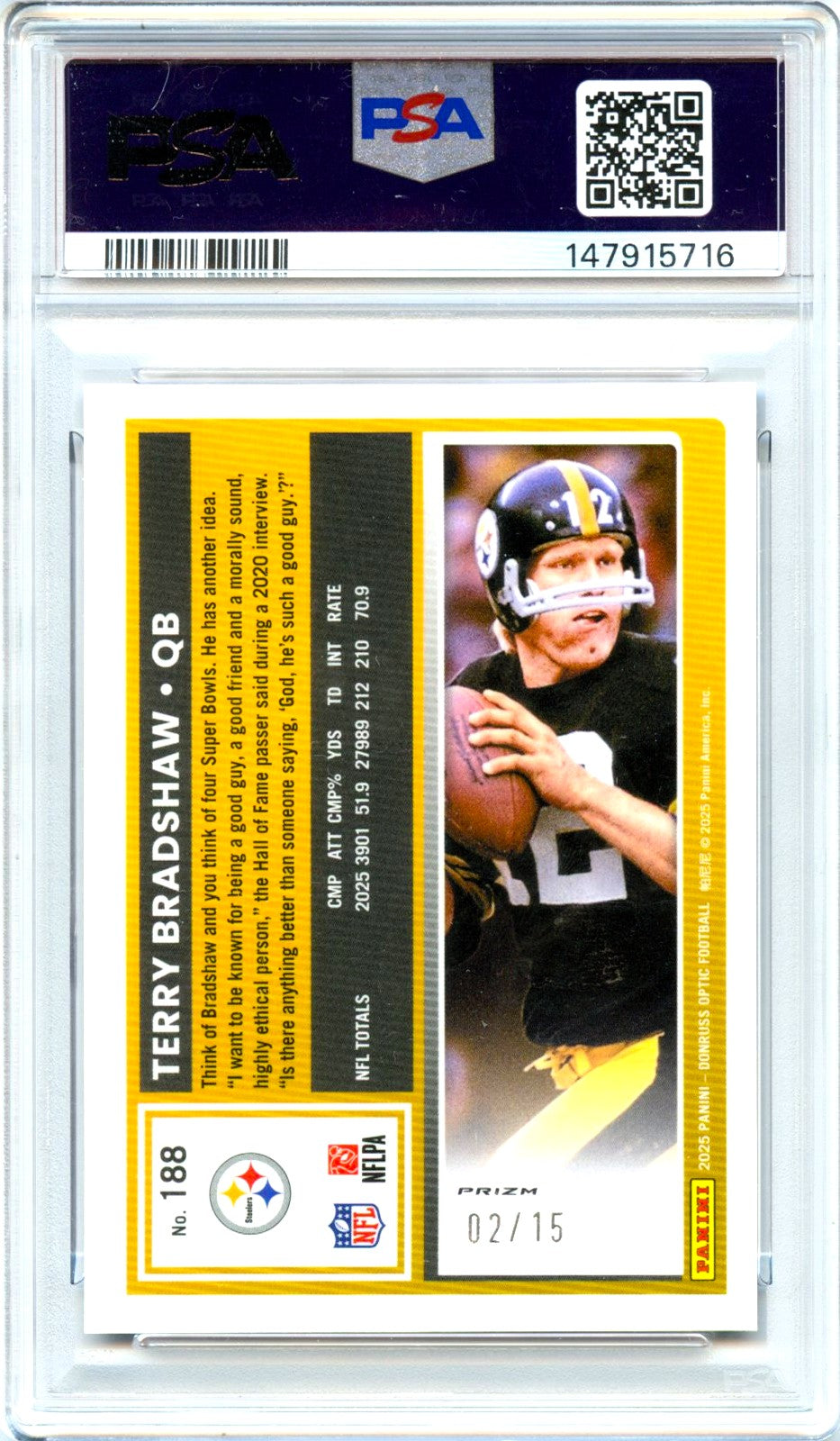 Terry Bradshaw 2025 Donruss Optic Purple Stars Prizm SP 2/15 PSA 10