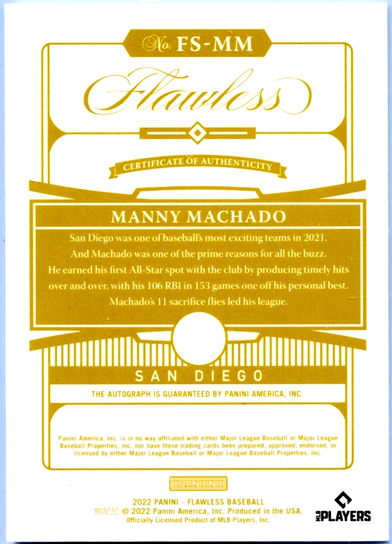 Manny Machado 2022 Flawless Blue On Card Auto SP 6/10