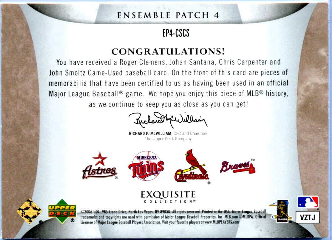 Clemens Santana Carpenter Smoltz 2006 UD Exquisite Quad Game Used Patch SP 1/10-2