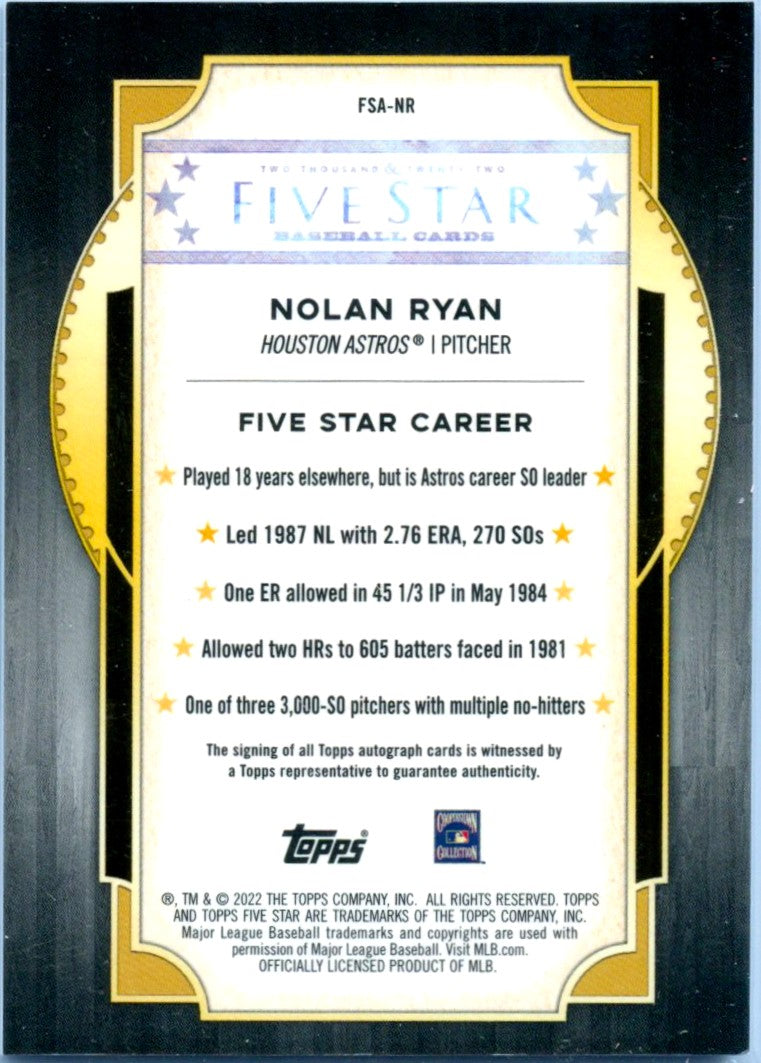 Nolan Ryan 2022 Topps Five Star Purple Auto SP 41/50-2