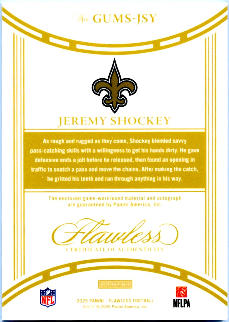 Jeremy Shockey 2025 Flawless Blue Dual Game Used Patch Auto SP 2/15