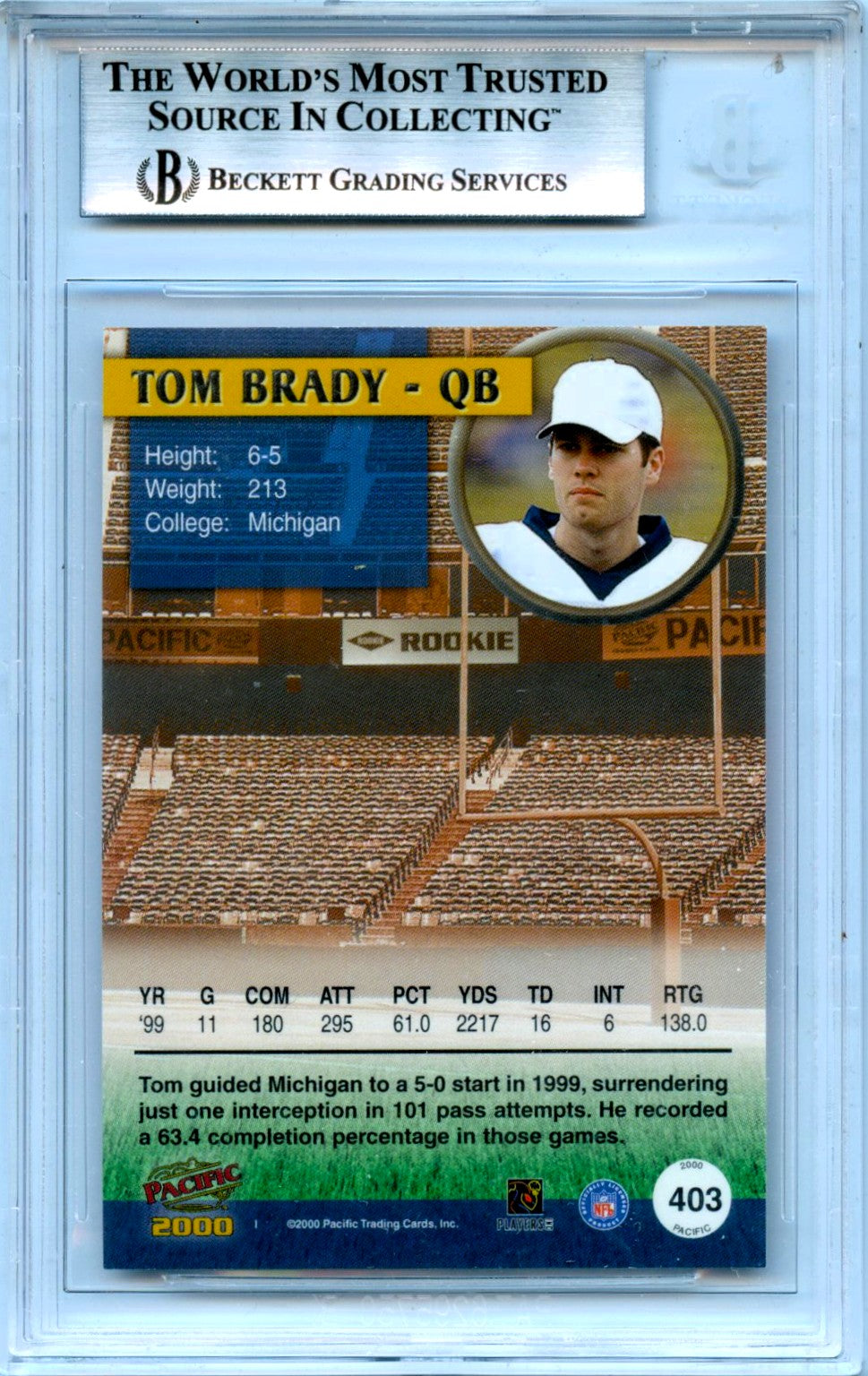 Tom Brady RC 2000 Pacific Rookie #403 BGS 9-2