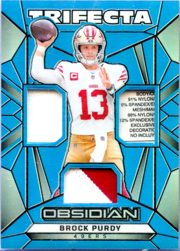 Product Brock Purdy 2024 Panini Obsidian Blue Flood Trifecta Triple Patch SP 15/25 Link