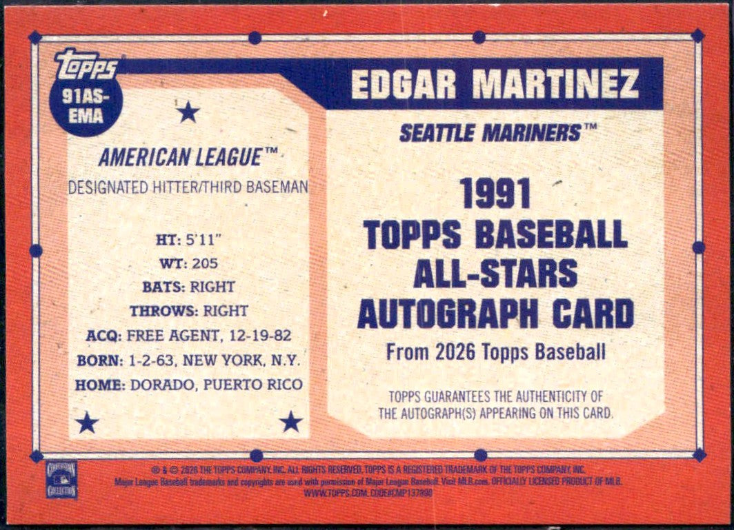 Edgar Martinez 2026 Topps 1991 Throwback Orange Auto SP 4/25-2