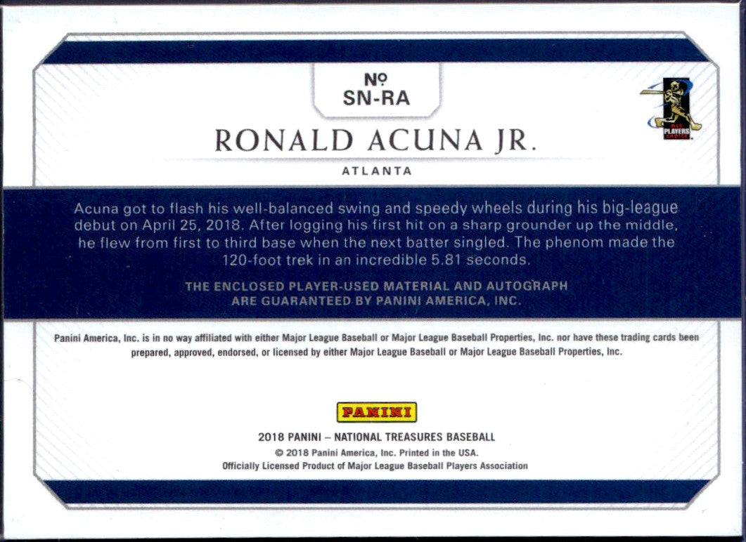 Ronald Acuna Jr 2018 National Treasures Jersey Patch Auto SP 2/99-2
