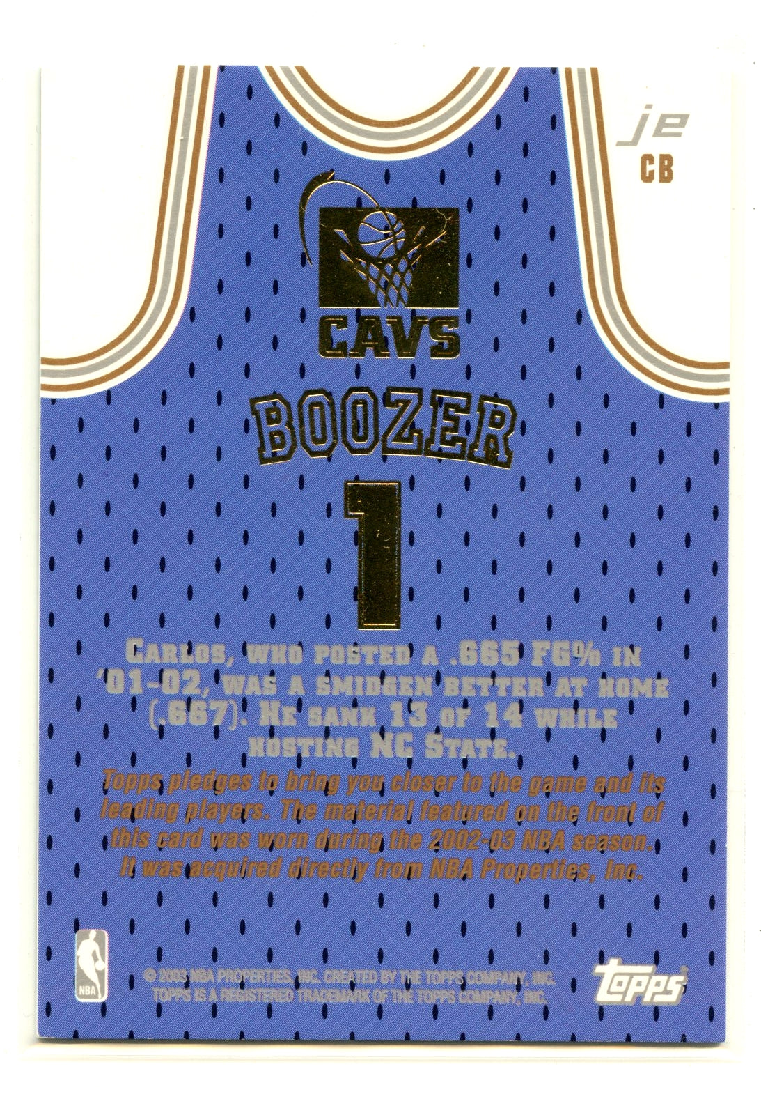 Carlos Boozer RC 2002-03 Topps Jersey Edition Rookie Patch Game Worn SP Cavs